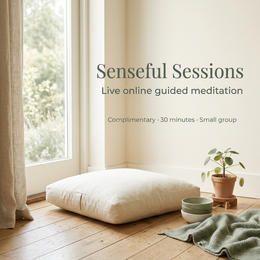 Senseful Sessions invitation for complimentary 30-minute small-group online guided meditation, with a cream cushion beside a sunlit window.