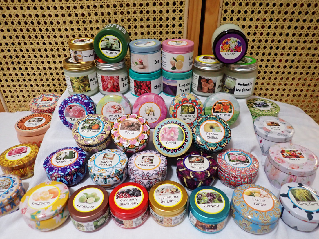 Senseful Crafts pure plant wax candles in batik tins — a full range of handcrafted scents made with no beeswax or synthetic chemicals