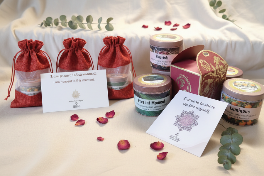Senseful Crafts Wisdom Gem candles, organza bags and affirmation cards