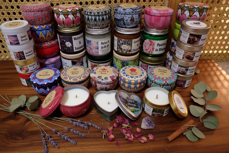Senseful Crafts full candle collection — batik tins, glass jars, travel tins and tealights