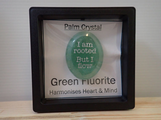 Green Fluorite Palm Stone in floating display frame - I am rooted but I flow