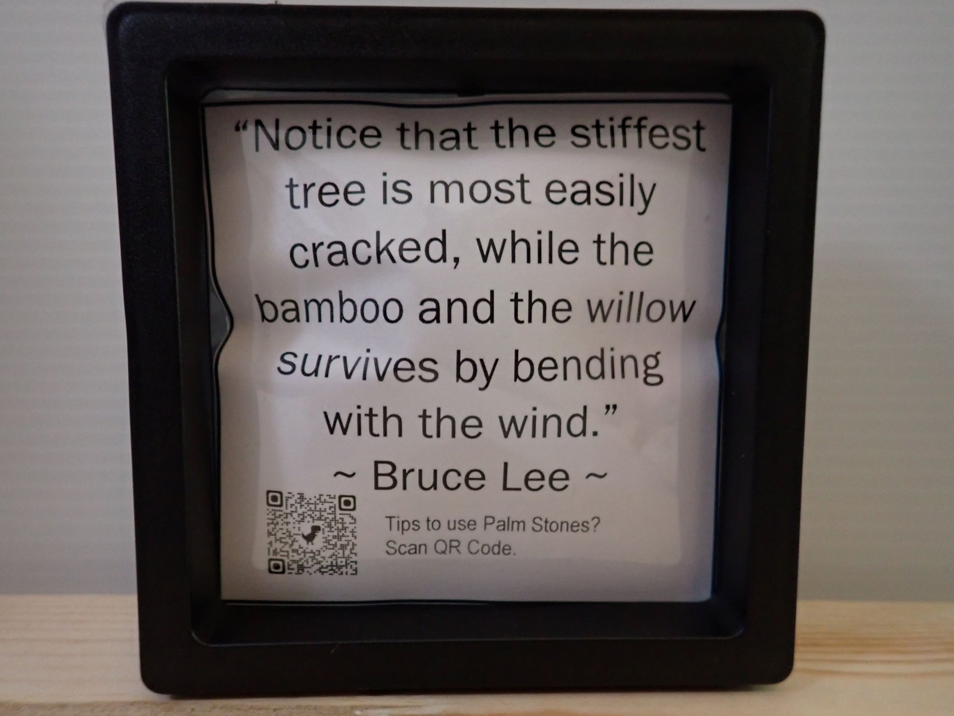 Green Fluorite Palm Stone - Bruce Lee quote card