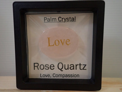 Rose Quartz Palm Stone in floating display frame - Love