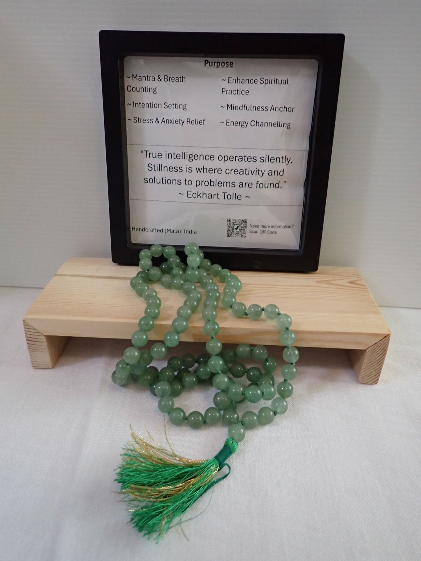 Green Aventurine Mala with purpose card and wooden stand