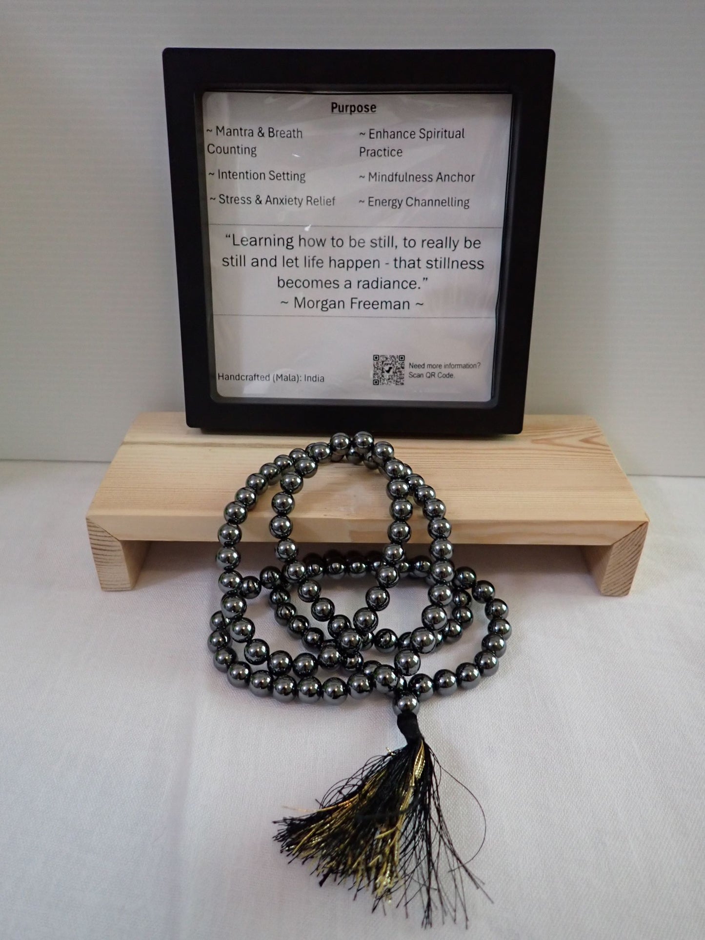 Hematite Mala with purpose card and wooden stand