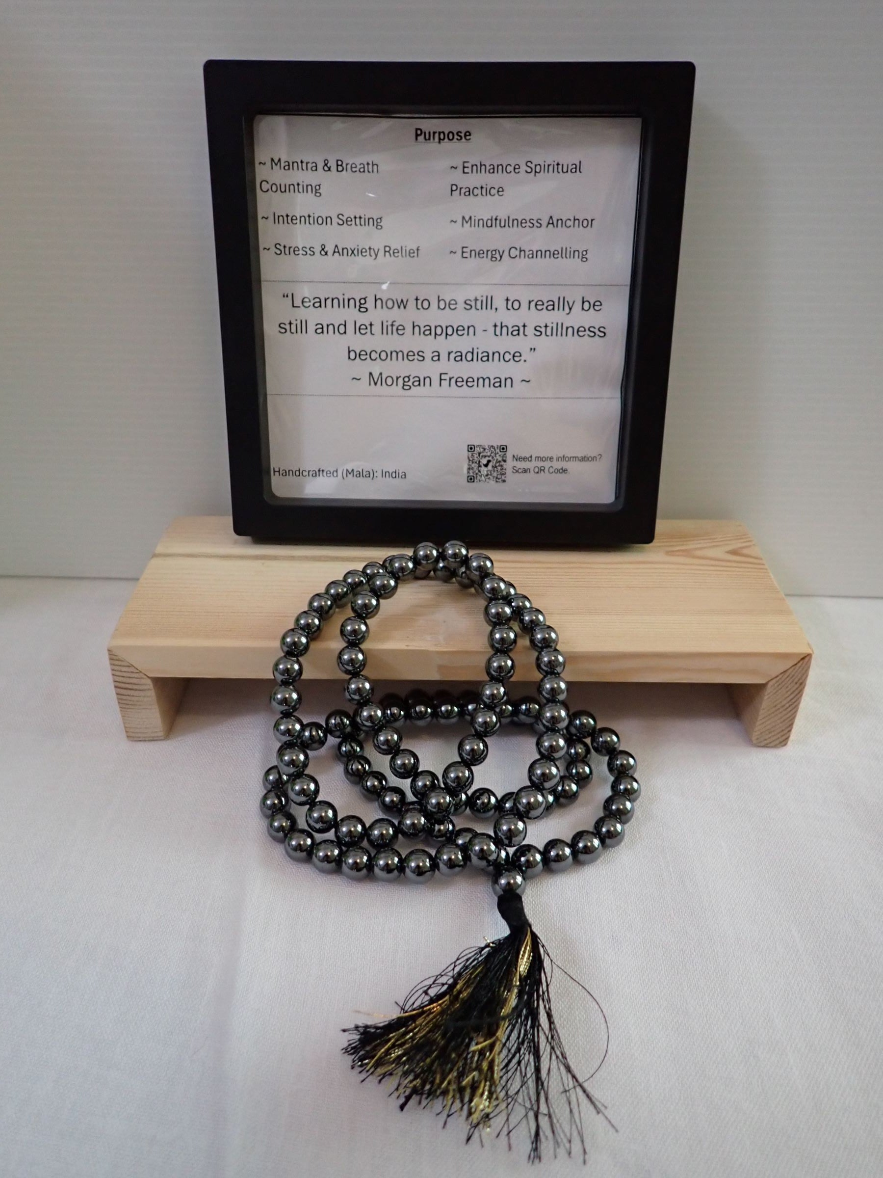 Hematite Mala with purpose card and wooden stand