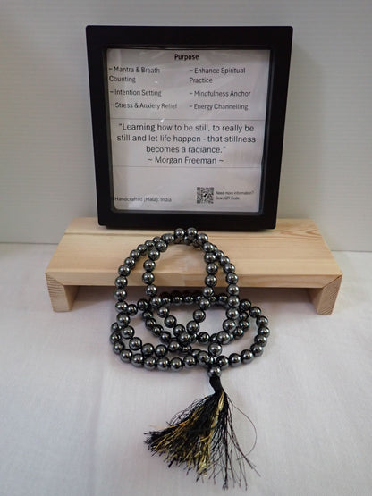 Hematite Mala with purpose card and wooden stand