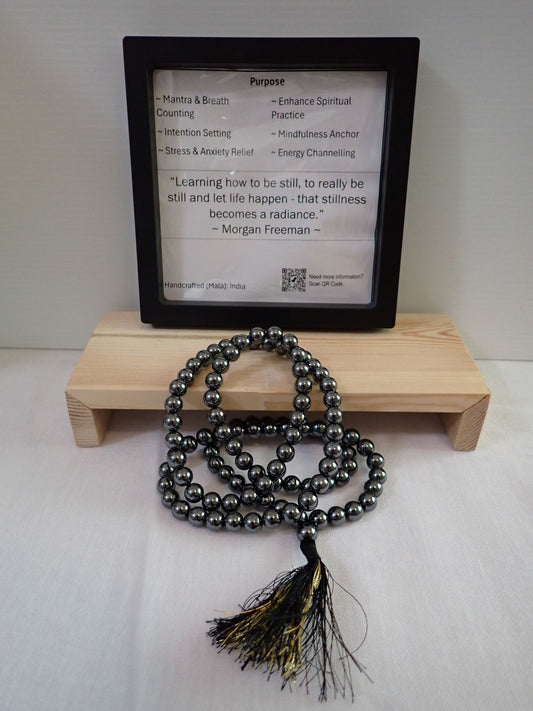 Hematite Mala with purpose card and wooden stand