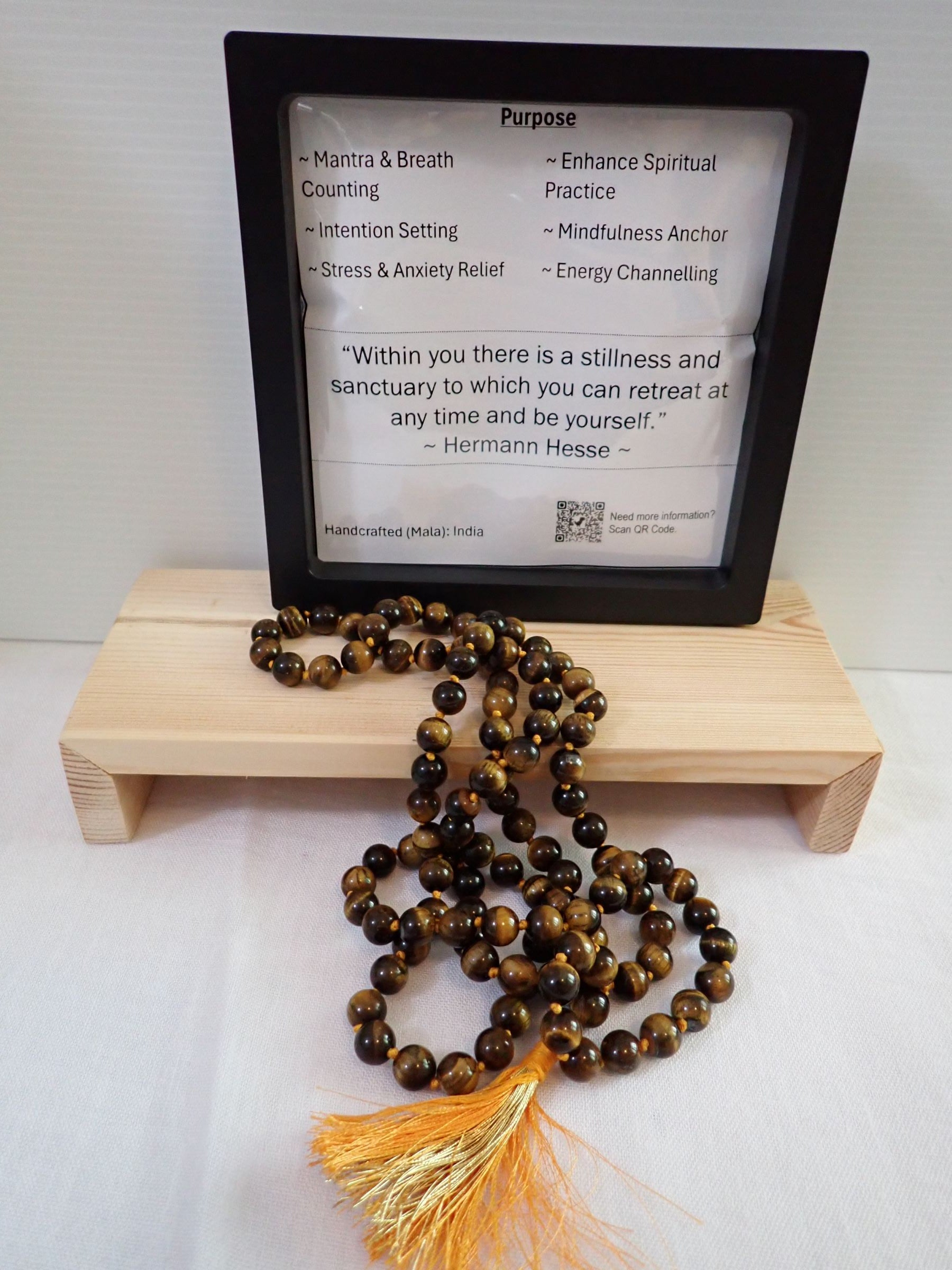 Tiger Eye Mala with purpose card and wooden stand
