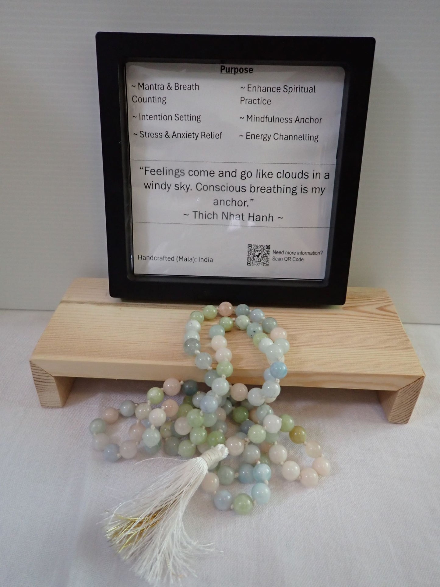 Morganite Mala with purpose card and wooden stand