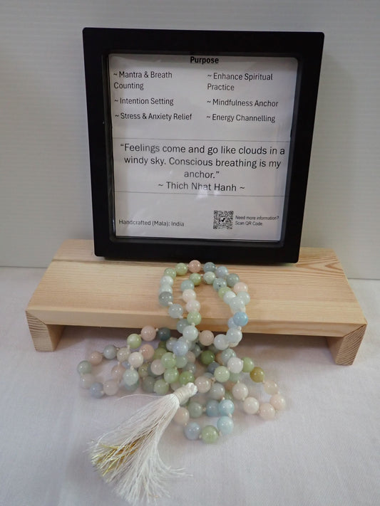 Morganite Mala with purpose card and wooden stand