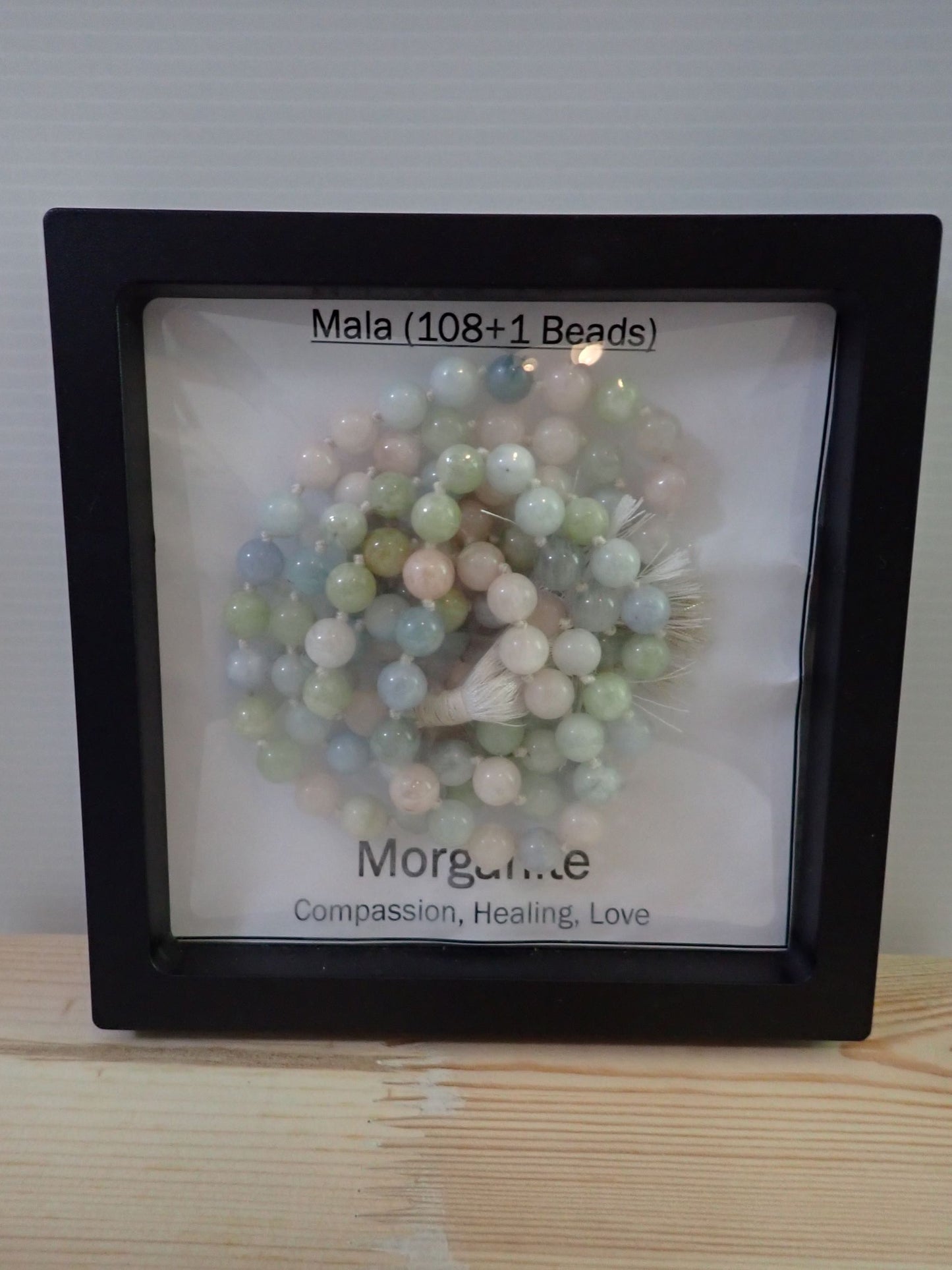 Morganite Mala displayed in shadow box frame - Compassion Healing Love