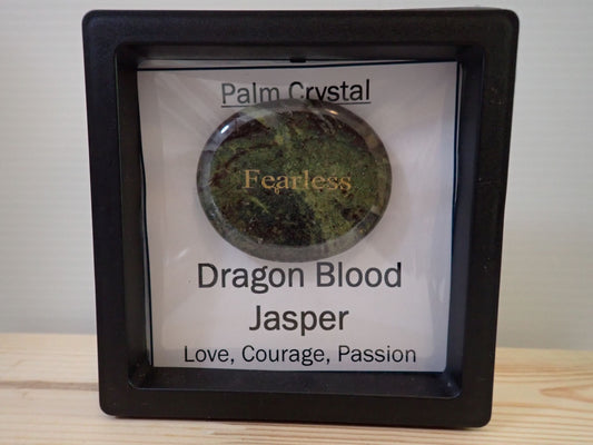 Dragon Blood Jasper Palm Stone in floating display frame - Fearless