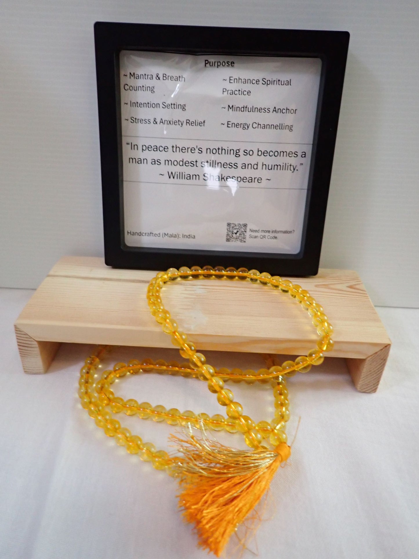 Citrine Mala with purpose card and wooden stand