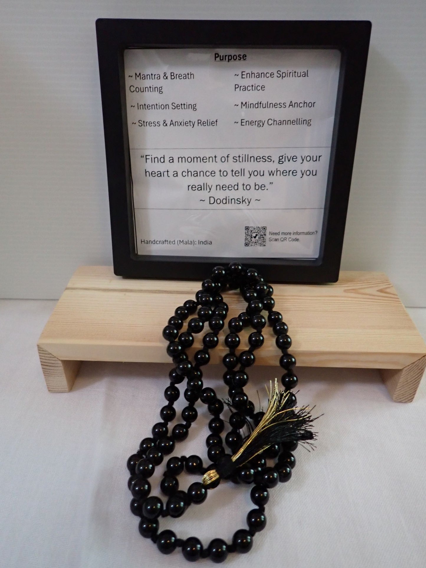 Black Agate Mala with purpose card and wooden stand