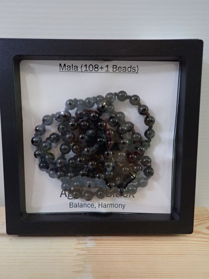 Black Agate Mala displayed in shadow box frame - Balance Harmony