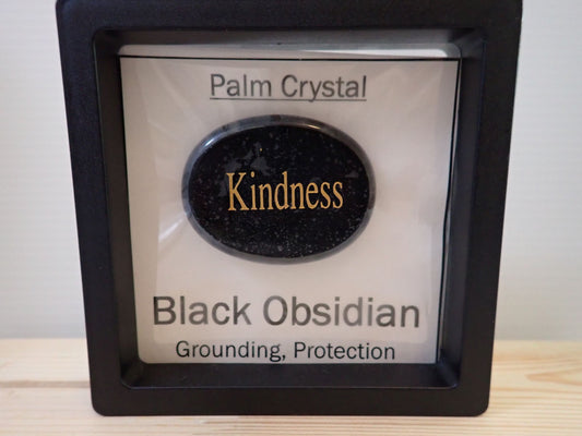 Black Obsidian Kindness Palm Stone in floating display frame