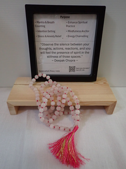 Rose Quartz Mala with purpose card and wooden stand