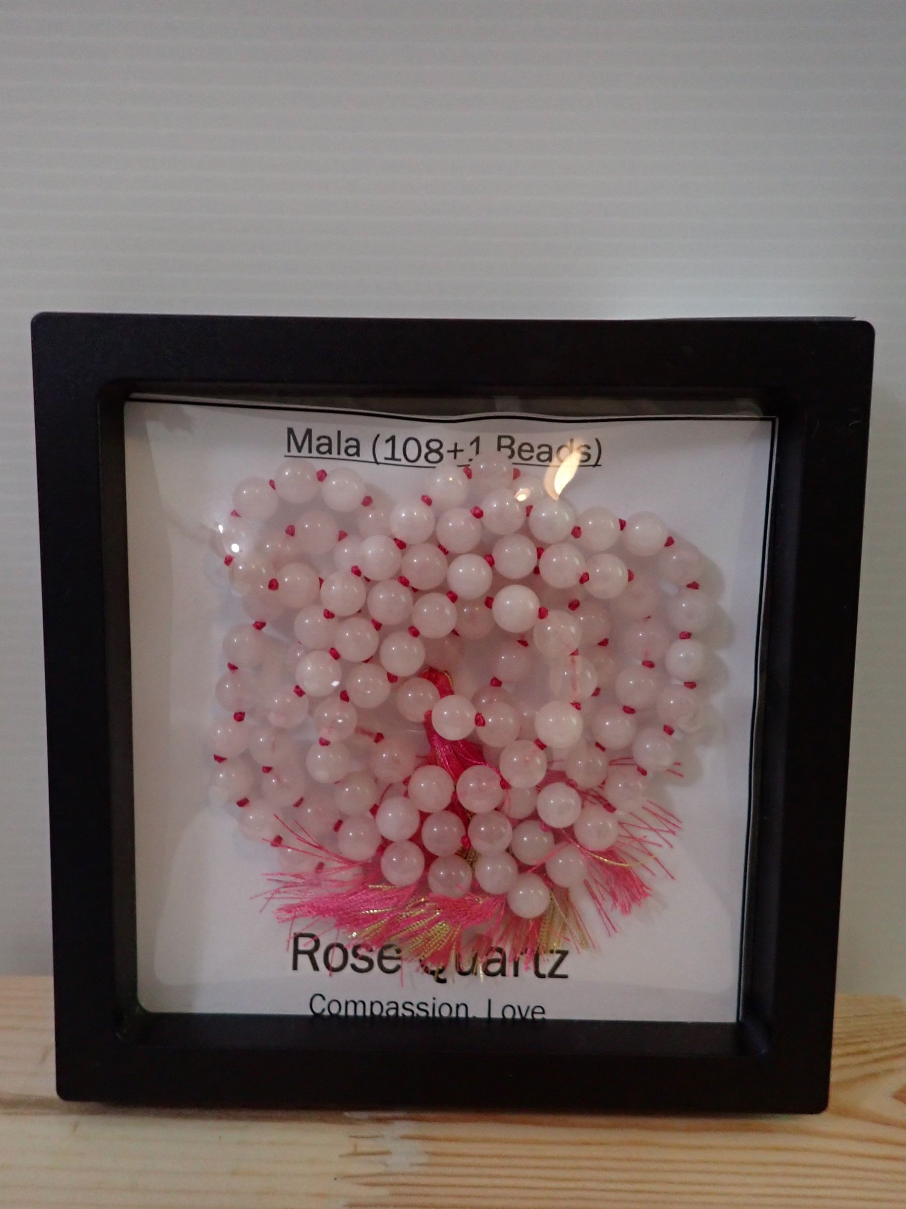 Rose Quartz Mala displayed in shadow box frame - Compassion Love