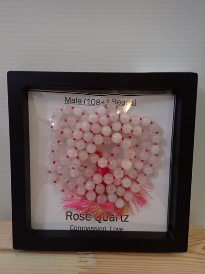 Rose Quartz Mala displayed in shadow box frame - Compassion Love