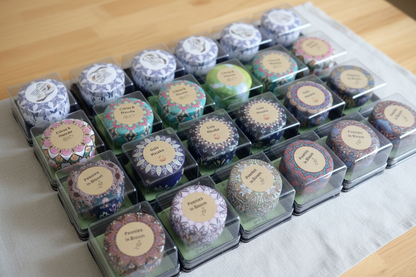 Batik Print Tin Candles in clear gift boxes