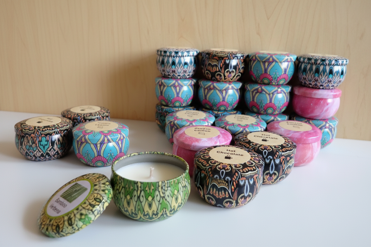 Batik Print Tin Candles collection display