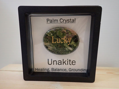 Unakite Palm Stone in floating display frame - Lucky