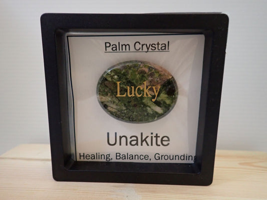 Unakite Palm Stone in floating display frame - Lucky