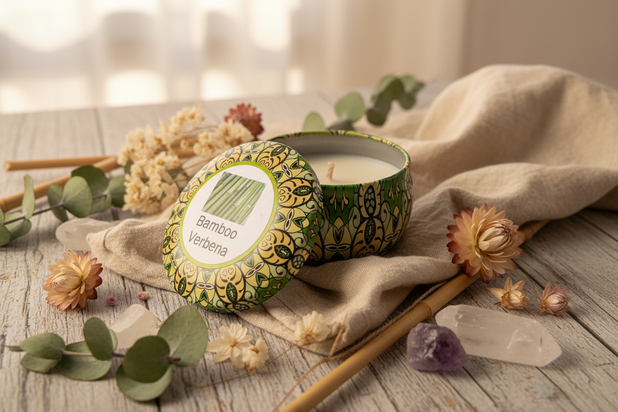 Bamboo Verbena Batik Tin Candle lifestyle