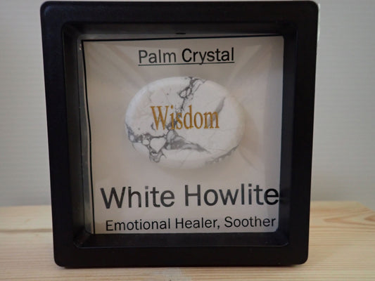 White Howlite Palm Stone in floating display frame - Wisdom