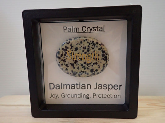 Dalmatian Jasper Palm Stone in floating display frame - Strength