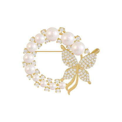 Brooch Pearl Butterfly Circle (B03)