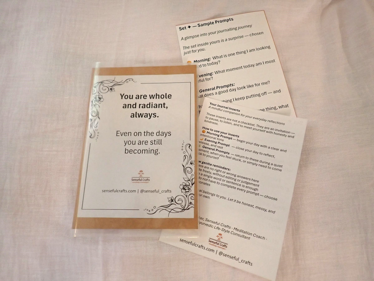 Mindful Journal with affirmation quote sticker, prompt inserts and instruction card on white linen