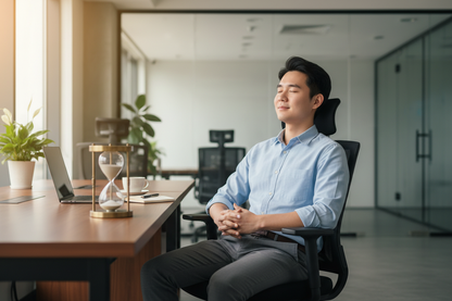 asian person taking a break at work using hourglass