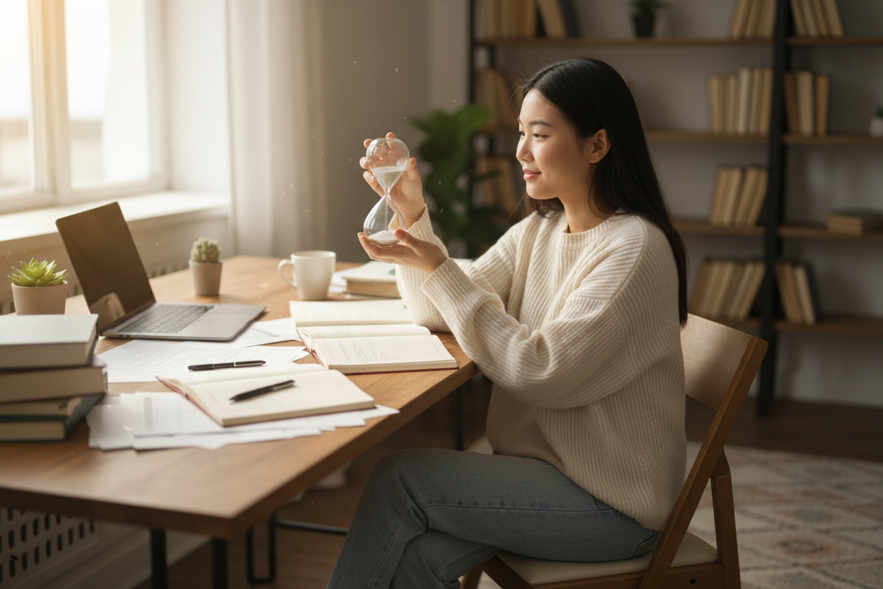asian student girl taking a break from study using hourglass