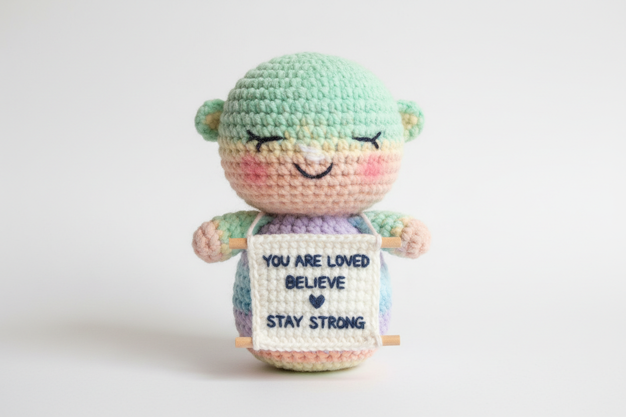 crochet doll holding positive words