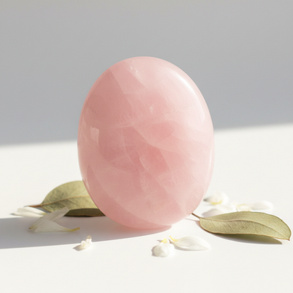 Polished Rose Quartz palm stone with soft pink color