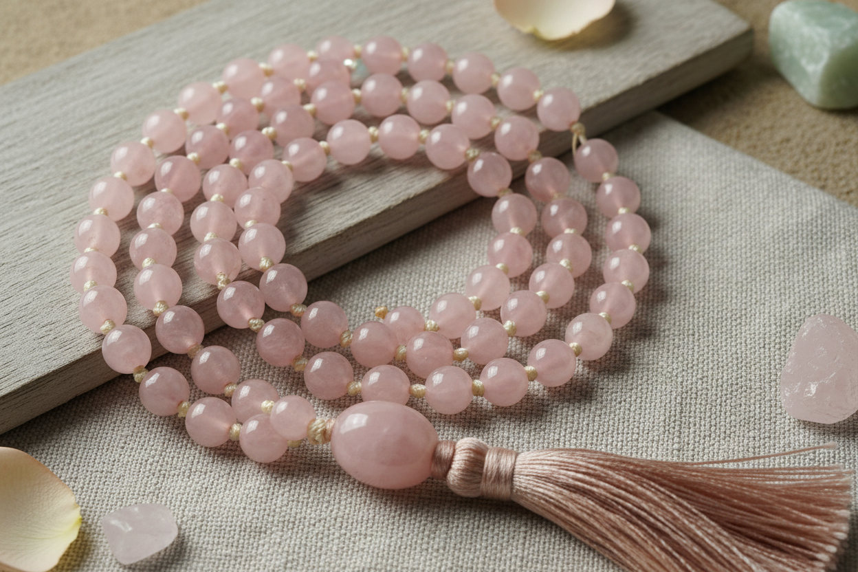indian style rose quartz mala