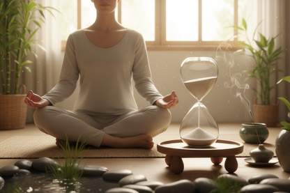 person meditating using hourglass